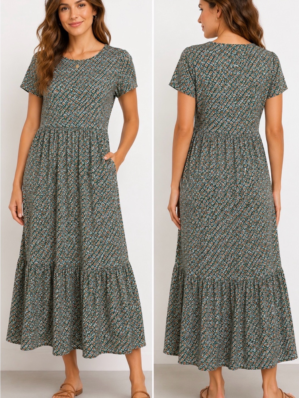 Boden Floral Tiered Midi Maxi Dress Green Orange Ditsy Print Size 6R